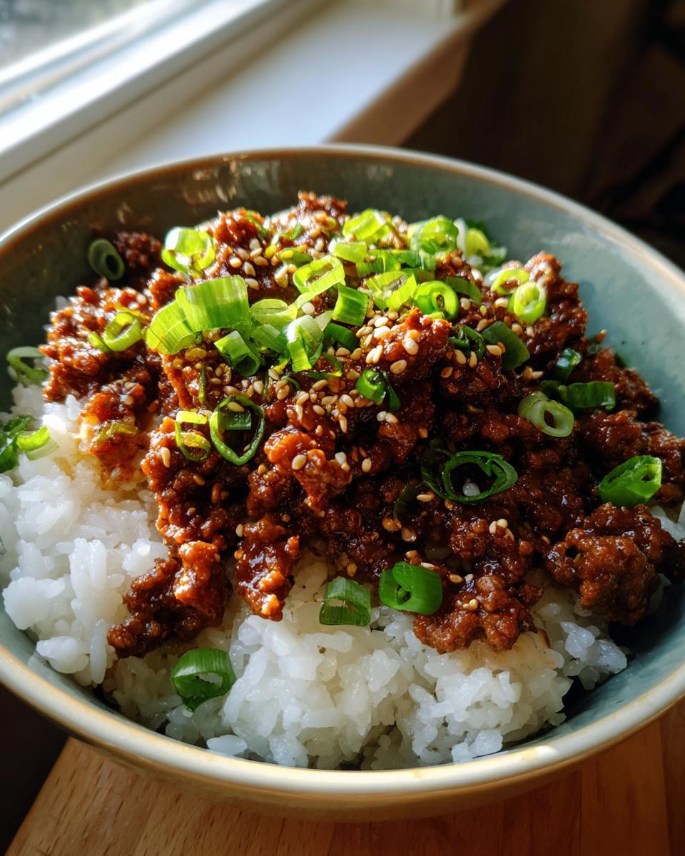 Close-up of a Korean Ground Beef Bowl, featuring savory ground beef over fluffy white rice, topped with green onions and sesame seeds.
