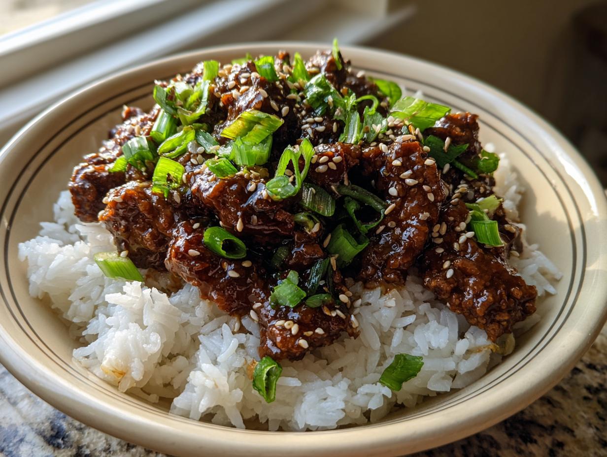 A delicious Korean Ground Beef Bowl served over fluffy white rice, garnished with sesame seeds and chopped green onions.