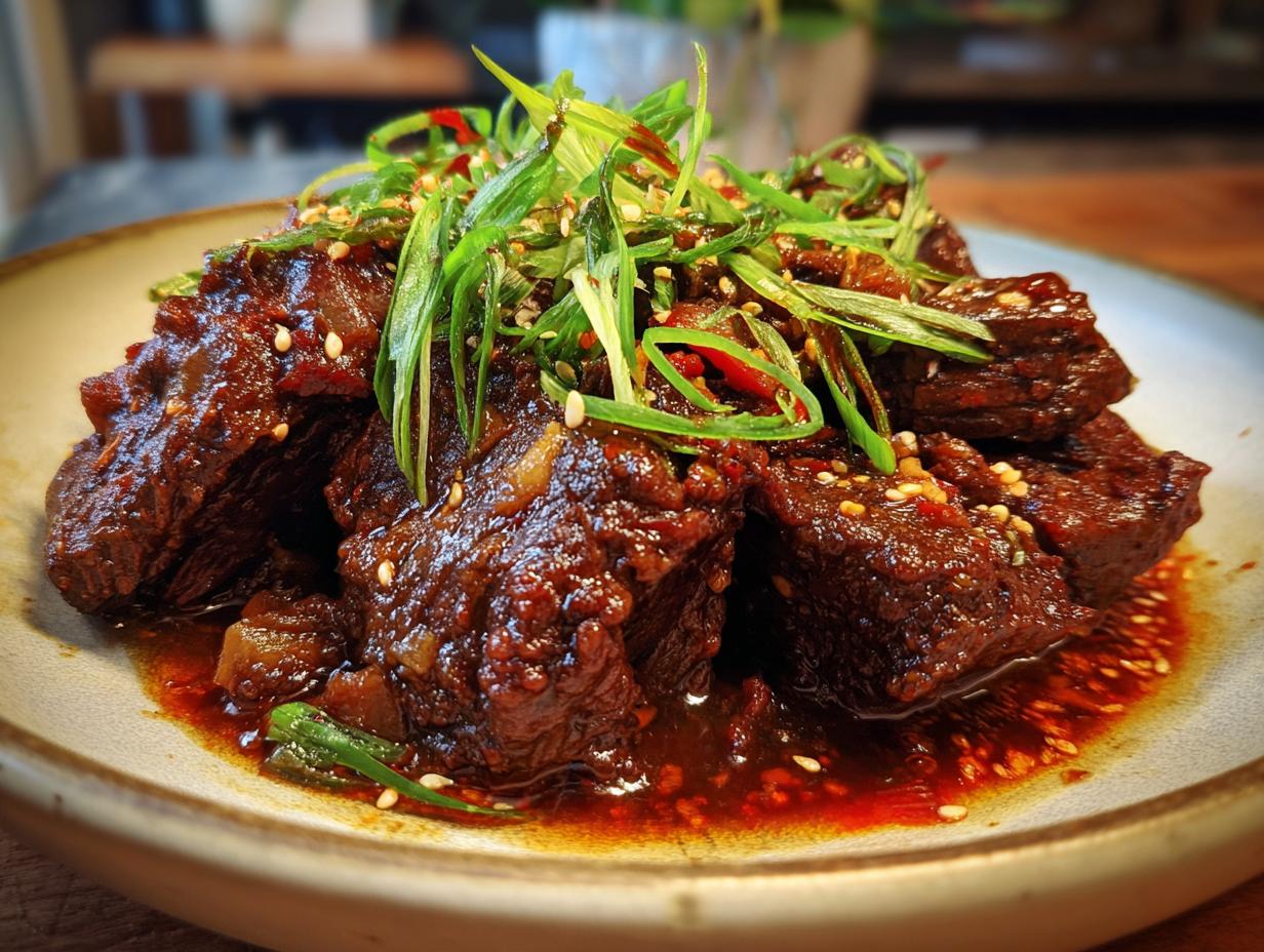 A close-up of tender Korean Style Pot Roast, glazed in a rich sauce and topped with fresh scallions and sesame seeds.