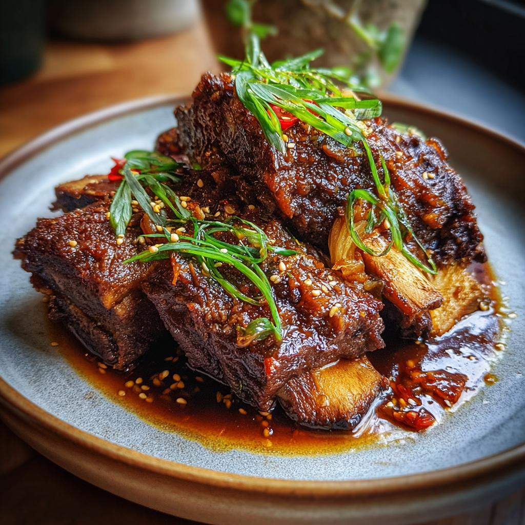 Close-up of tender Korean Style Pot Roast ribs glazed in a rich sauce, garnished with green onions and sesame seeds.