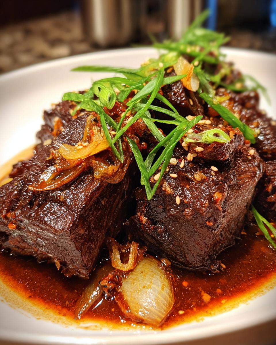 Close-up of tender Korean Style Pot Roast, braised in a rich sauce and topped with fresh scallions and sesame seeds.