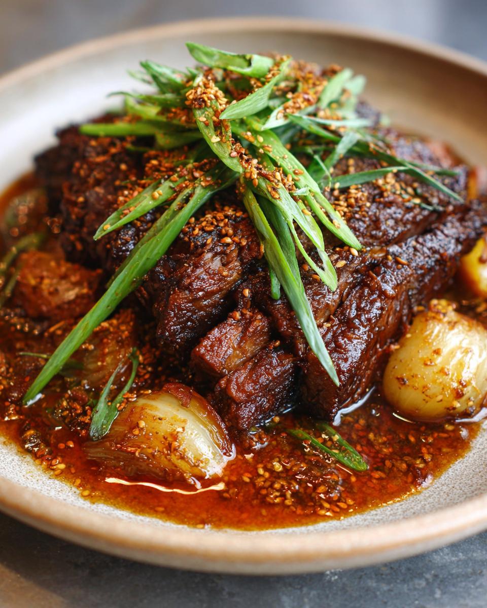 A close-up of a Korean Style Pot Roast, braised in a rich sauce and topped with fresh scallions and sesame seeds.