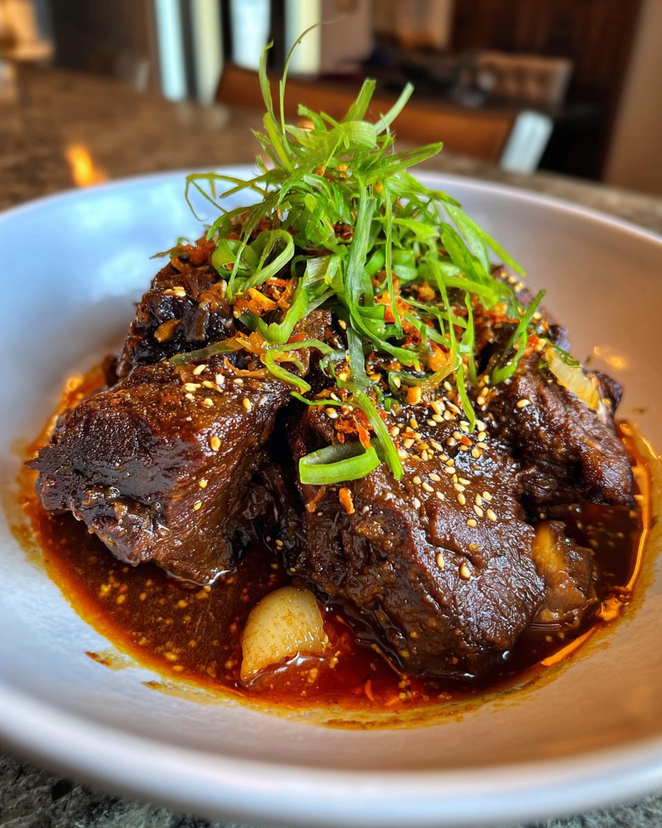 A close-up of tender Korean Style Pot Roast in a rich sauce, topped with fresh scallions and sesame seeds.