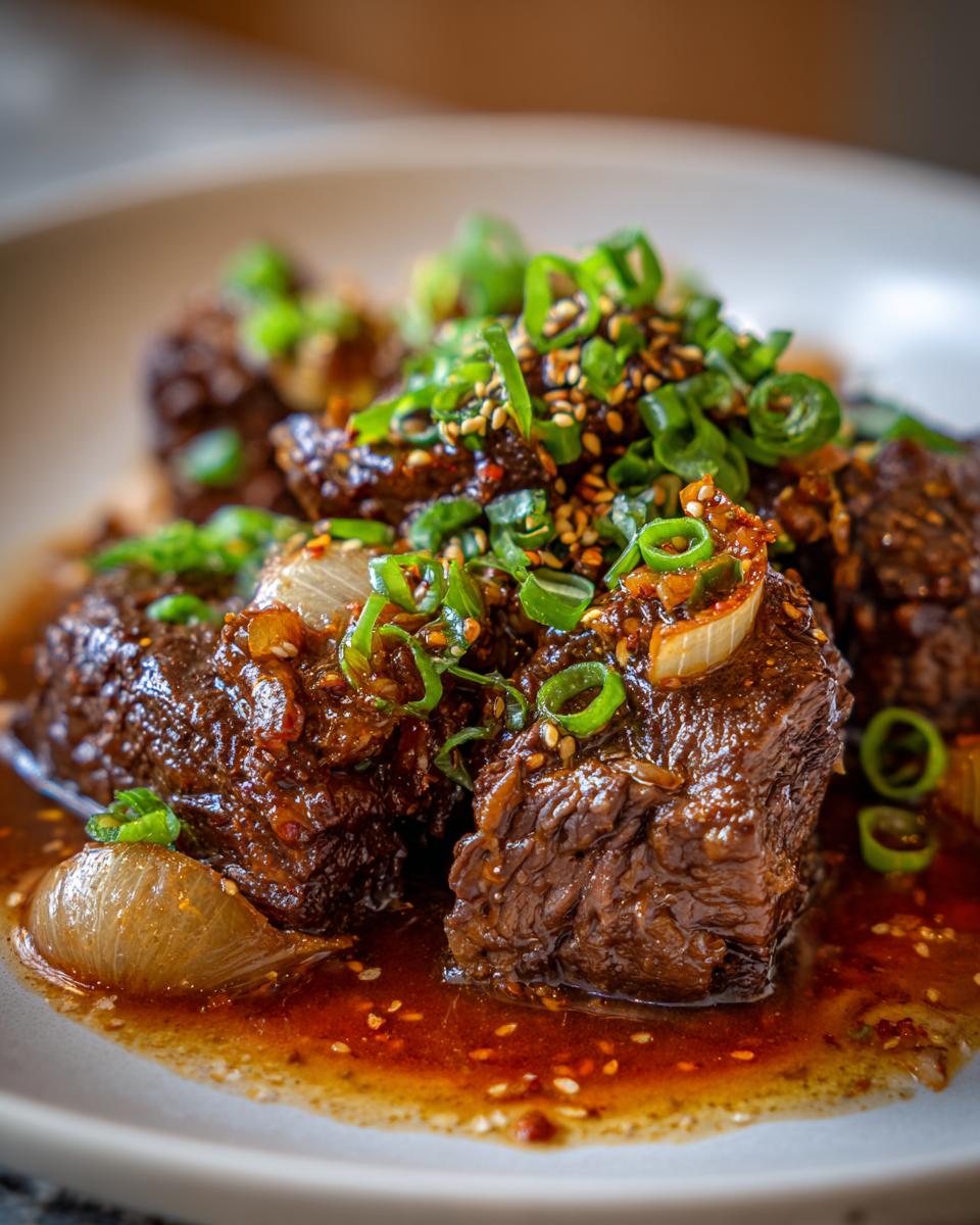 Close-up of tender Korean Style Pot Roast chunks in a rich sauce, garnished with scallions and sesame seeds.