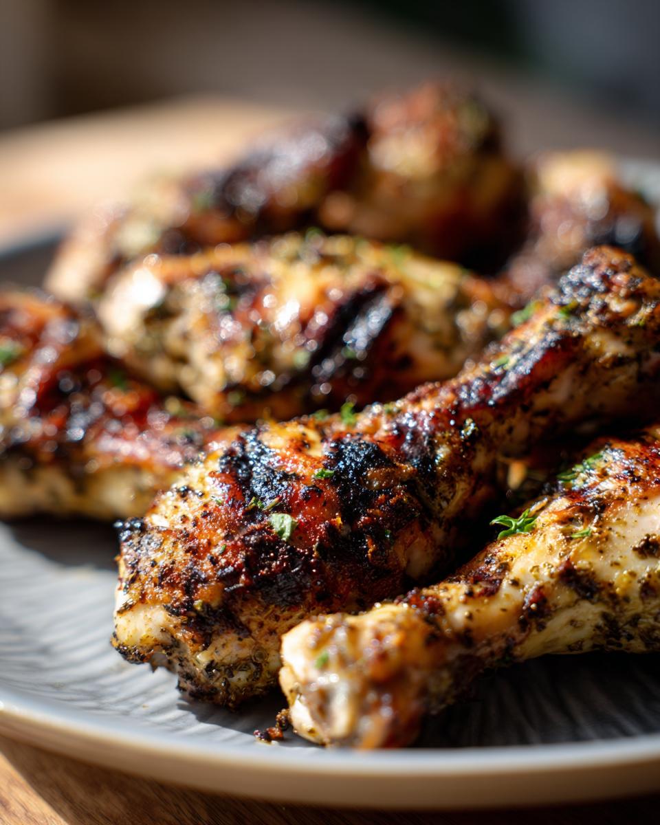 Close-up of grilled lemon garlic drumsticks on a plate, with visible herbs and char marks.