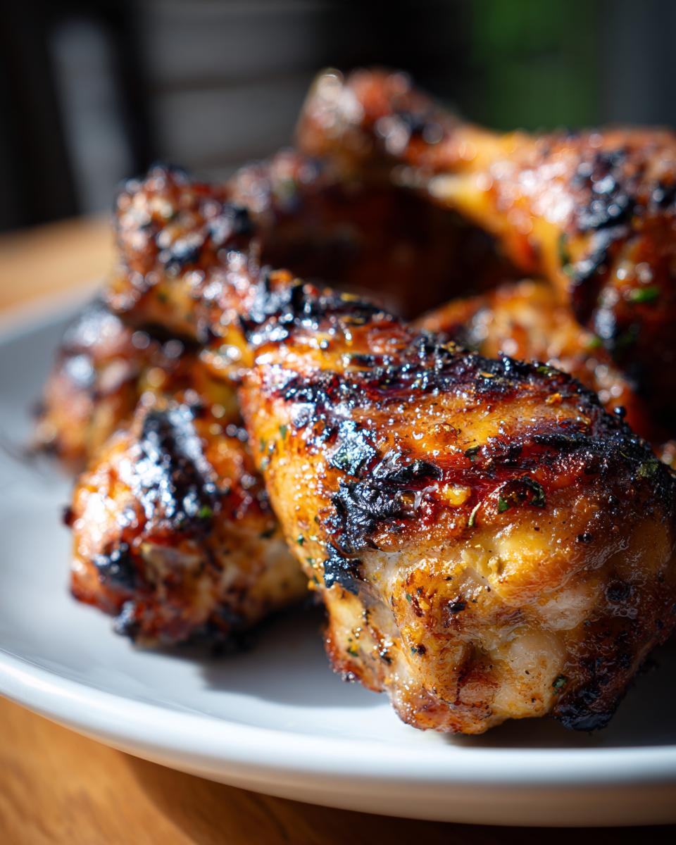 Close-up of perfectly grilled lemon garlic drumsticks with char marks and herbs, served on a white plate.
