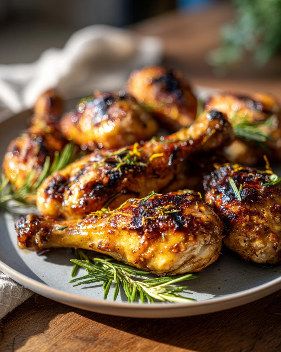 A plate of grilled lemon garlic drumsticks garnished with rosemary and lemon zest.