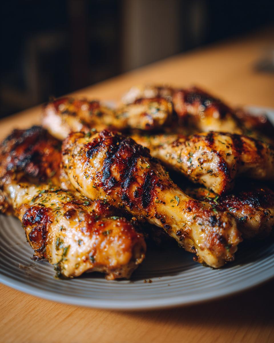A plate piled high with perfectly grilled lemon garlic drumsticks, showcasing char marks and herbs.