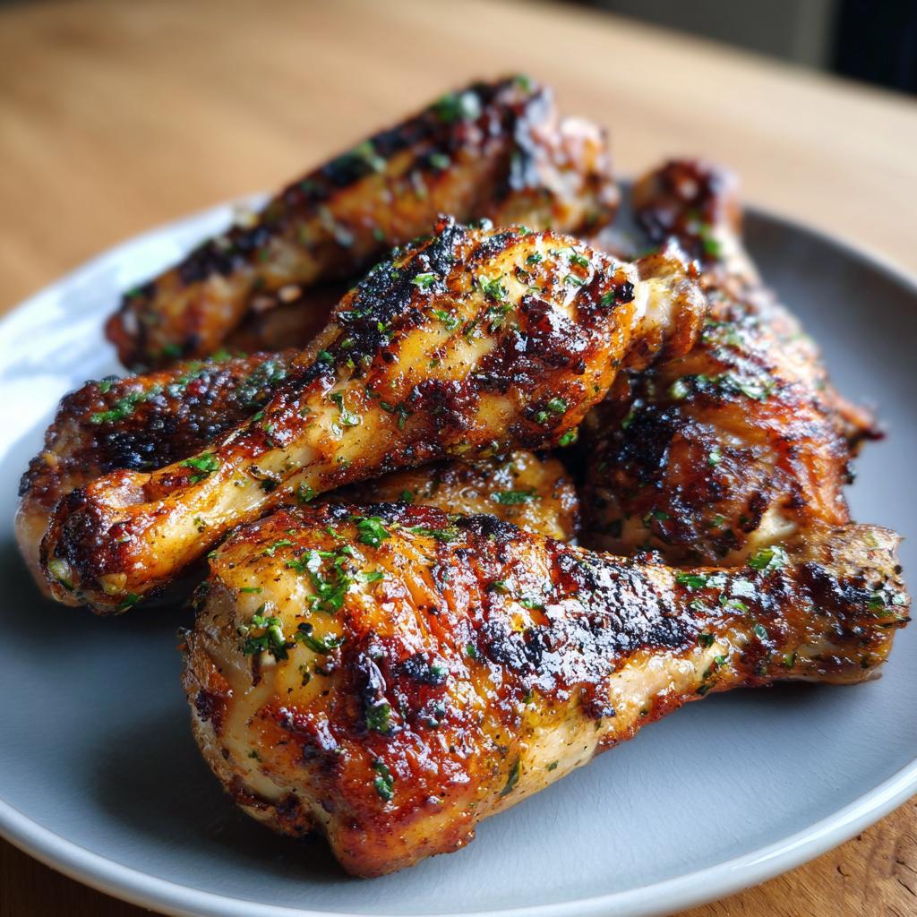A close-up of perfectly grilled lemon garlic drumsticks, seasoned with herbs, piled on a plate.
