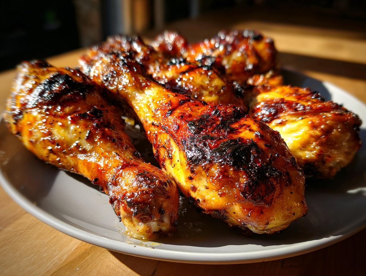 Close-up of perfectly grilled lemon garlic drumsticks on a plate, showcasing a glossy glaze and char marks.