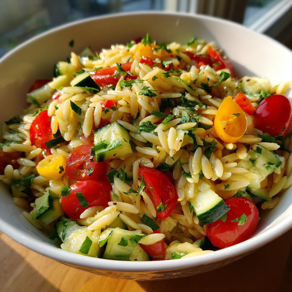 A close-up of a bowl filled with lemony orzo salad, featuring cherry tomatoes, cucumber, and fresh herbs.