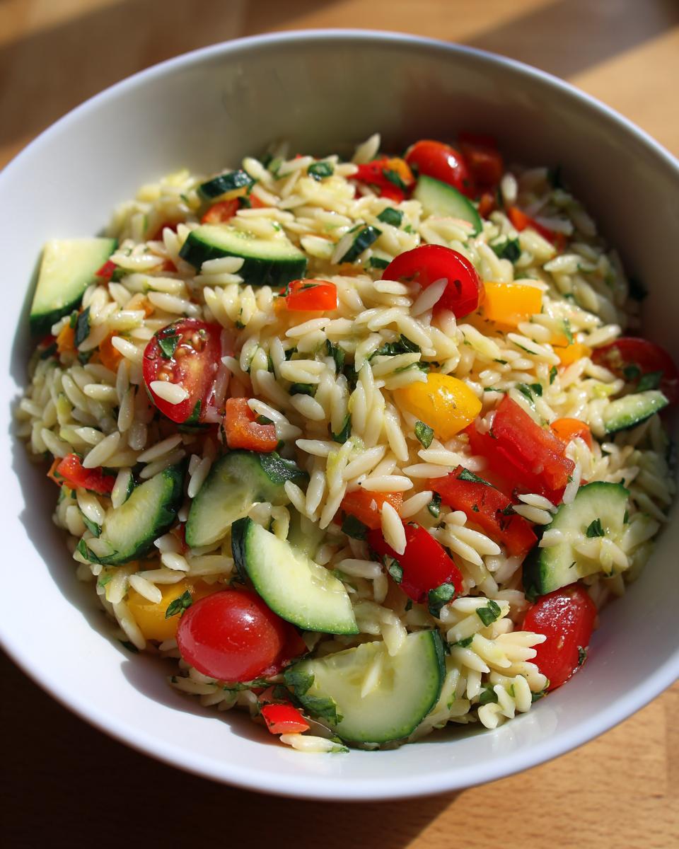 A bowl of Lemony Orzo Salad with fresh veggies like cucumber, tomatoes, and bell peppers.