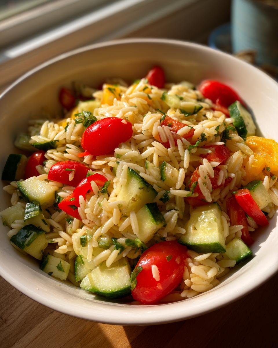 A bowl of lemony orzo salad with fresh cucumber, cherry tomatoes, and bell peppers.