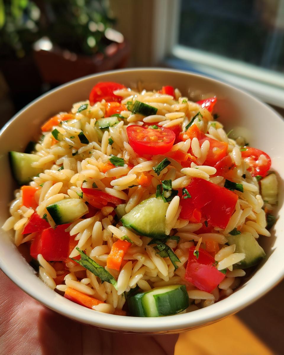 A bowl of lemony orzo salad with fresh veggies like cucumber, tomato, and carrots.