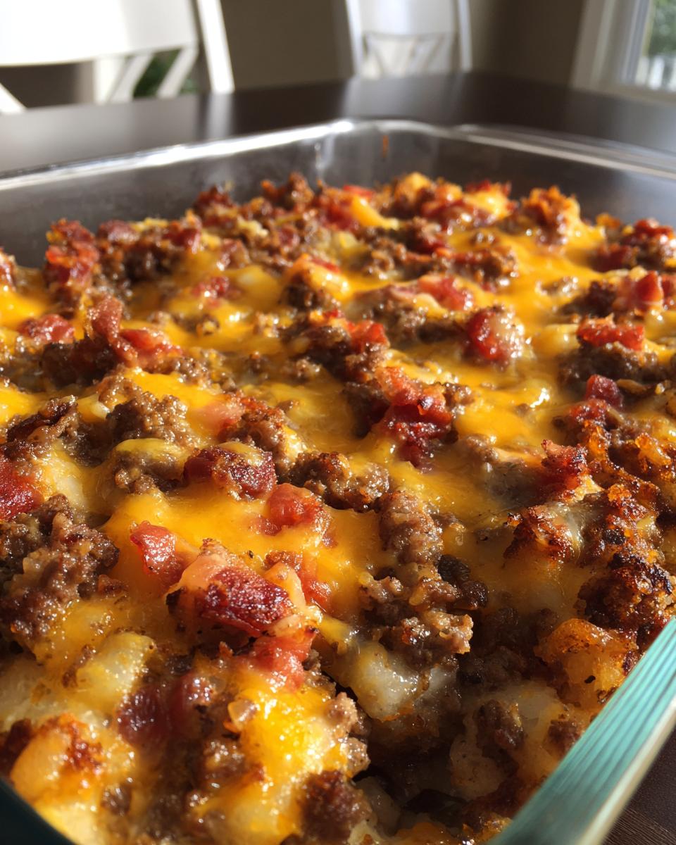 Close-up of a bubbling Low-Carb Bacon Cheeseburger Casserole topped with melted cheddar cheese and crispy bacon bits.
