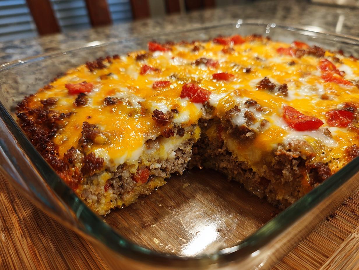 A freshly baked Low-Carb Bacon Cheeseburger Casserole in a glass baking dish, topped with melted cheese and diced tomatoes.