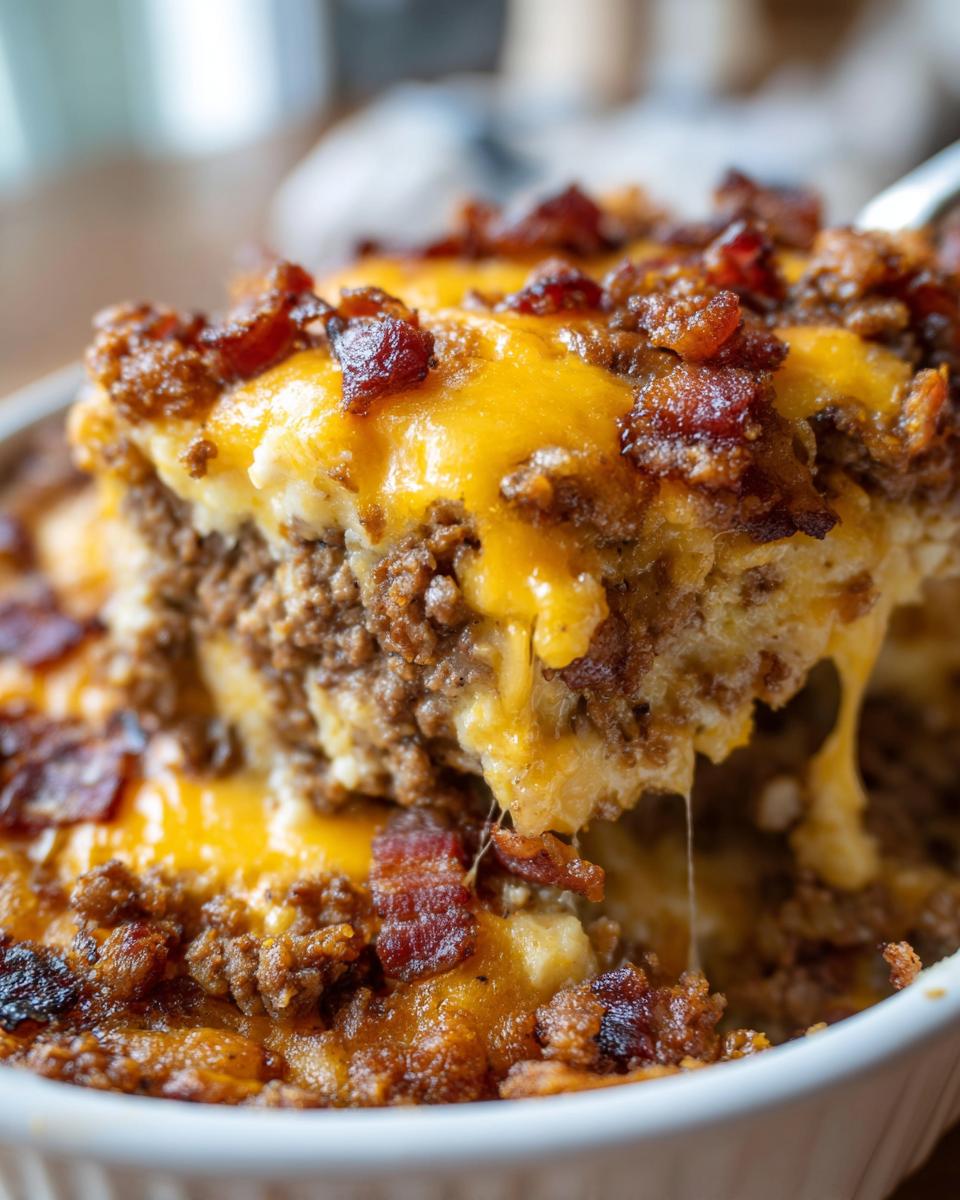 A scoop of cheesy Low-Carb Bacon Cheeseburger Casserole with melted cheddar and crispy bacon.