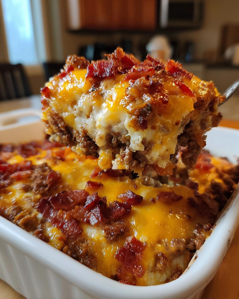 A scoop of delicious Low-Carb Bacon Cheeseburger Casserole, showing layers of ground beef, cheese, and bacon.