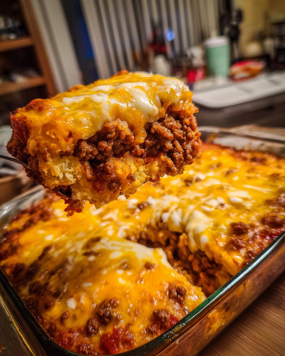 A scoop of Low-Carb Bacon Cheeseburger Casserole with melted cheese and ground beef.