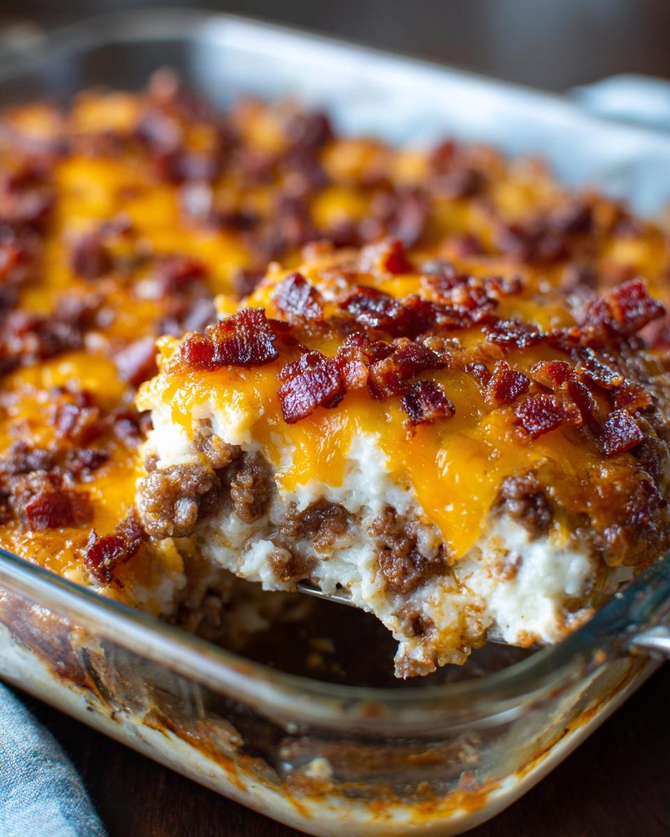 A serving spoon lifts a portion of Low-Carb Bacon Cheeseburger Casserole, revealing layers of ground beef and creamy topping, all covered in melted cheddar and bacon.