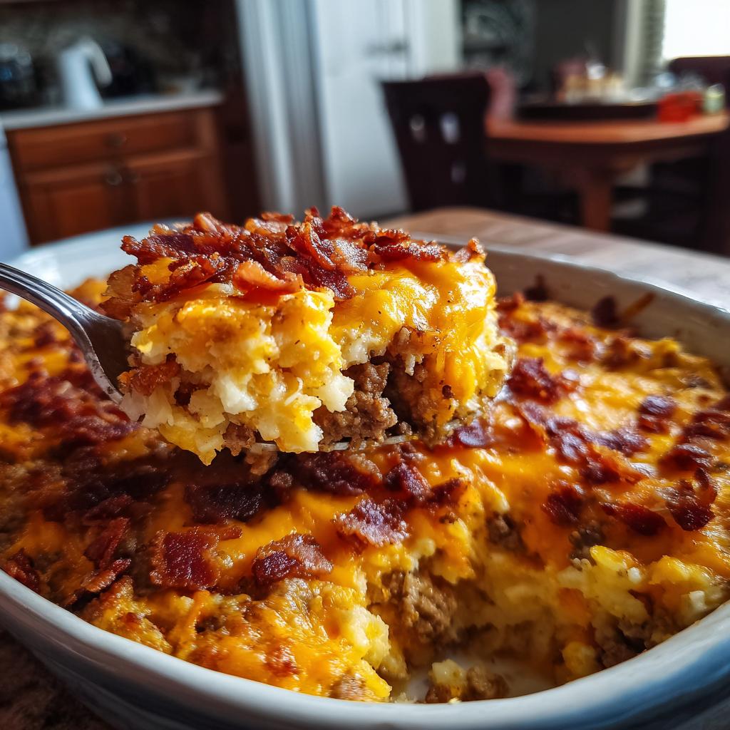 A fork lifting a cheesy, bacon-topped slice of Low-Carb Bacon Cheeseburger Casserole from a baking dish.