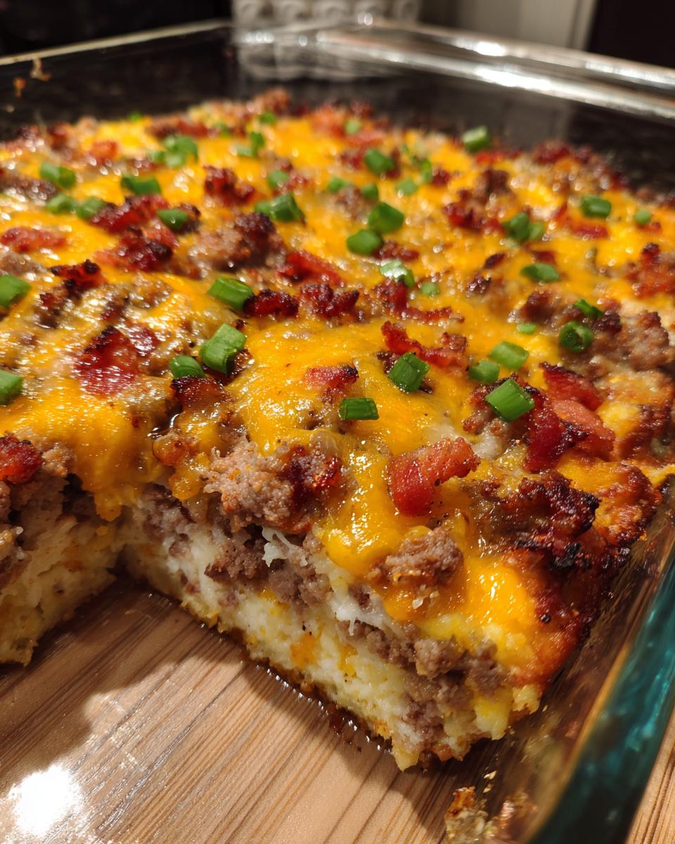 A slice of delicious Low-Carb Bacon Cheeseburger Casserole with melted cheese, bacon, and green onions.