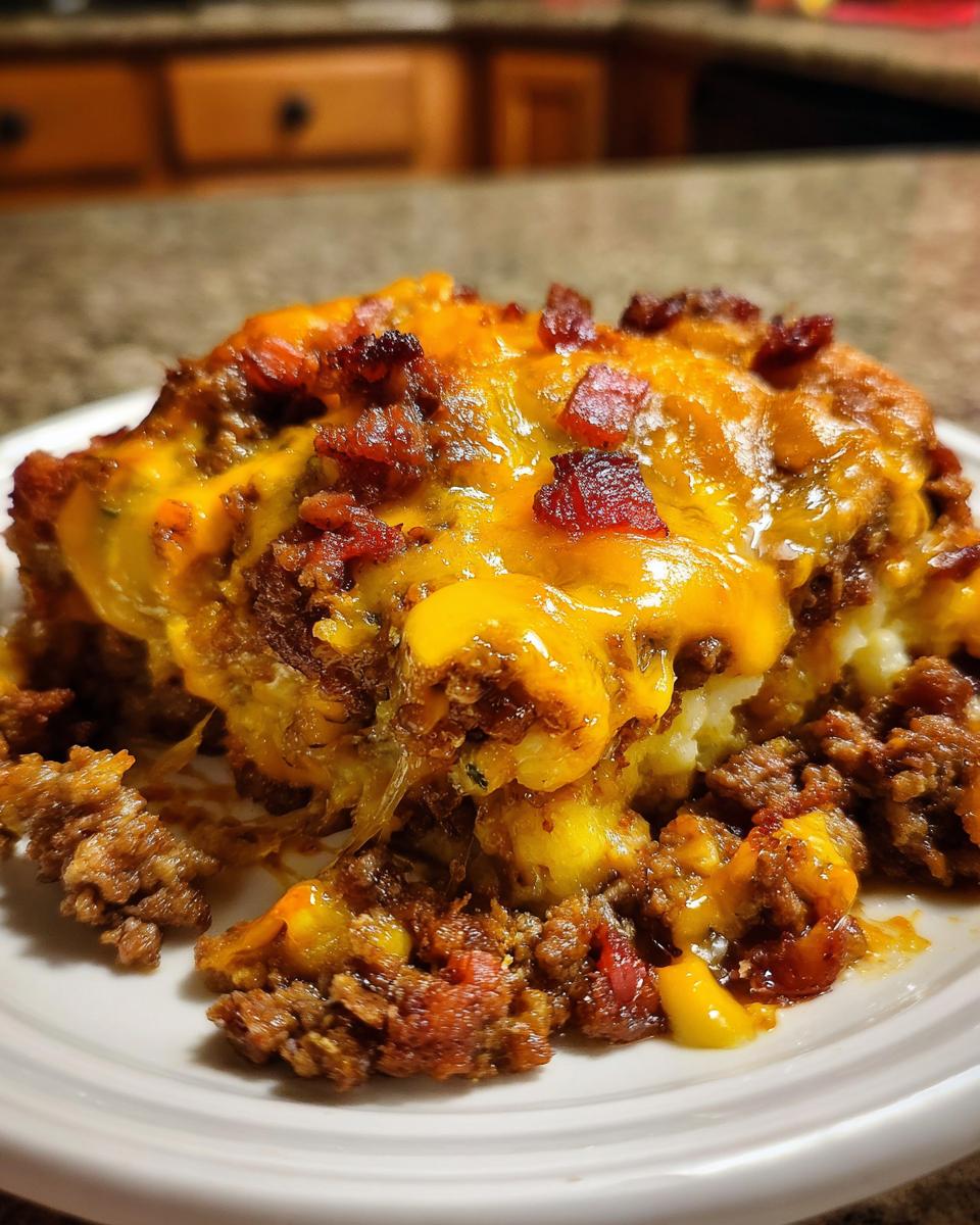 A close-up of a delicious slice of Low-Carb Bacon Cheeseburger Casserole, topped with melted cheese and crispy bacon.
