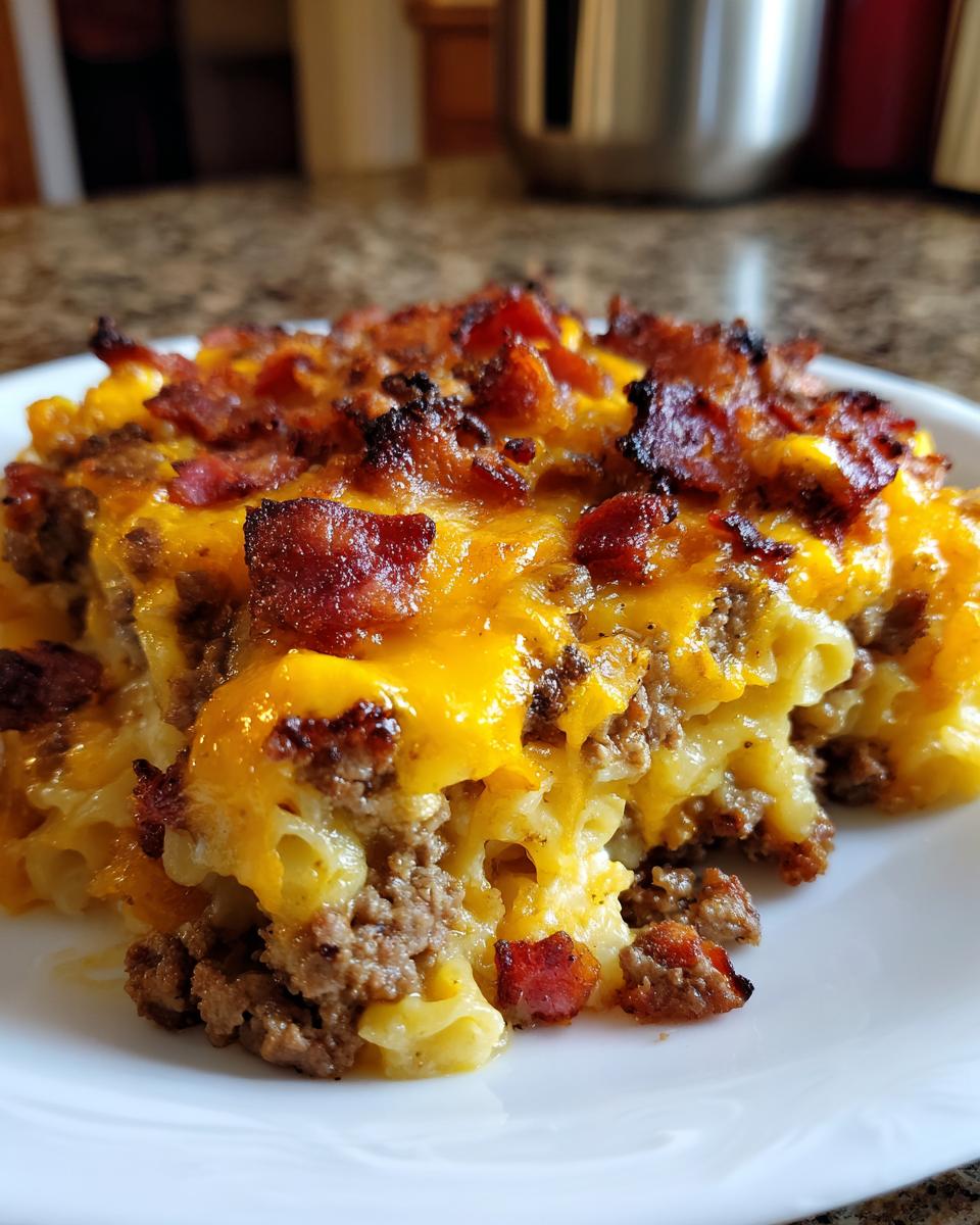 A close-up of a hearty slice of Low-Carb Bacon Cheeseburger Casserole, topped with melted cheese and crispy bacon.