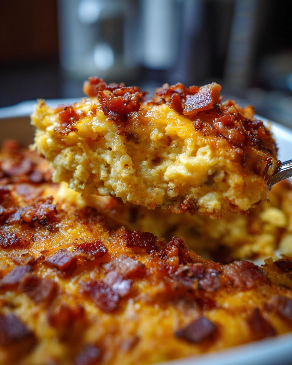 A spoonful of delicious Low-Carb Bacon Cheeseburger Casserole, topped with crispy bacon bits.
