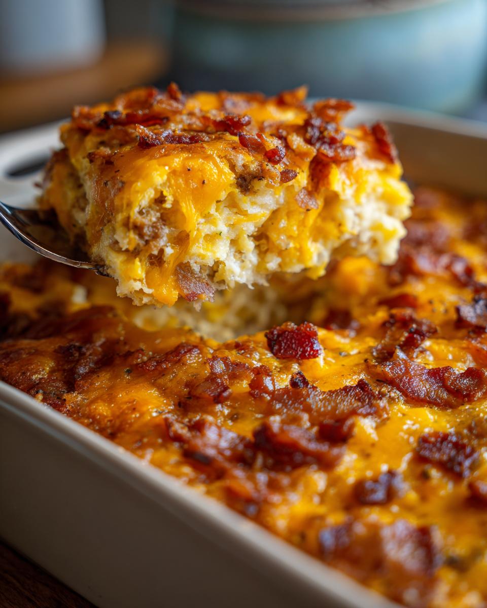 A fork lifting a cheesy slice of Low-Carb Bacon Cheeseburger Casserole, topped with crispy bacon.