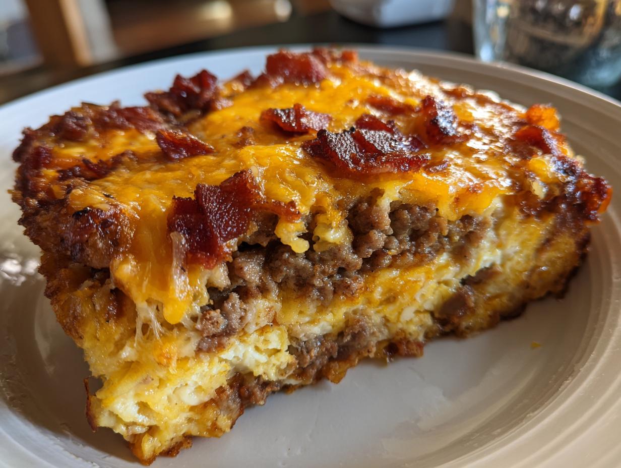 A hearty slice of Low-Carb Bacon Cheeseburger Casserole, featuring layers of ground beef, melted cheese, and crispy bacon.