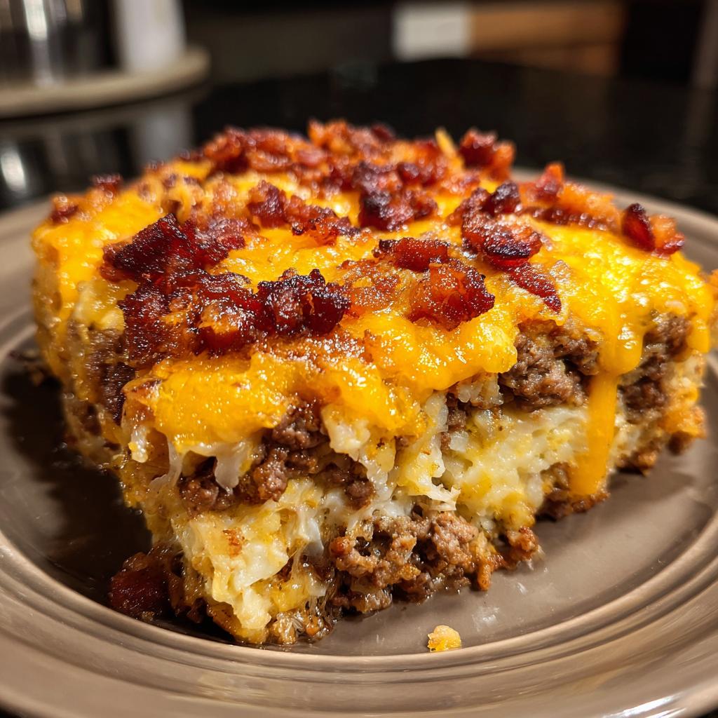 A delicious slice of Low-Carb Bacon Cheeseburger Casserole, featuring layers of ground beef, cheese, and crispy bacon.
