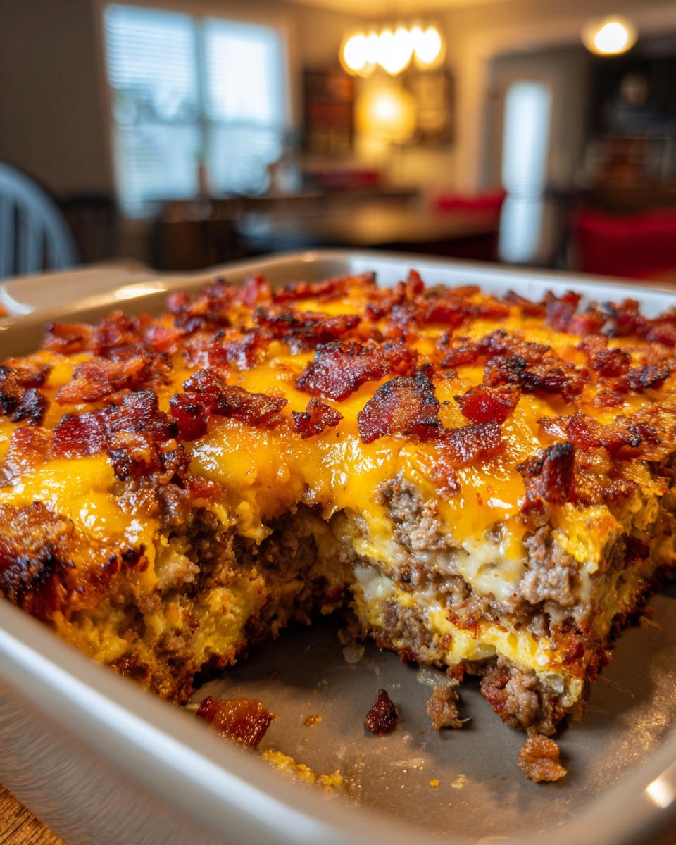 A close-up of a slice of Low-Carb Bacon Cheeseburger Casserole, showing layers of ground beef, cheese, and bacon.