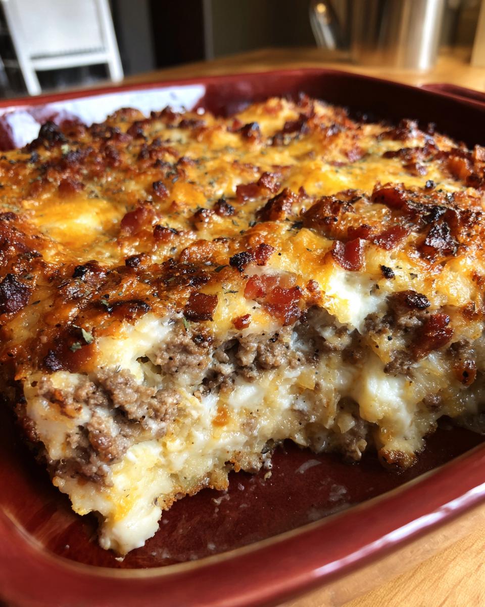A close-up of a slice of Low-Carb Bacon Cheeseburger Casserole in a red baking dish, showing layers of ground beef, cheese, and bacon.