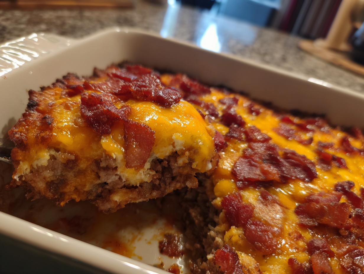 A slice of Low-Carb Bacon Cheeseburger Casserole being lifted from a baking dish, showing layers of ground beef, cheese, and bacon.