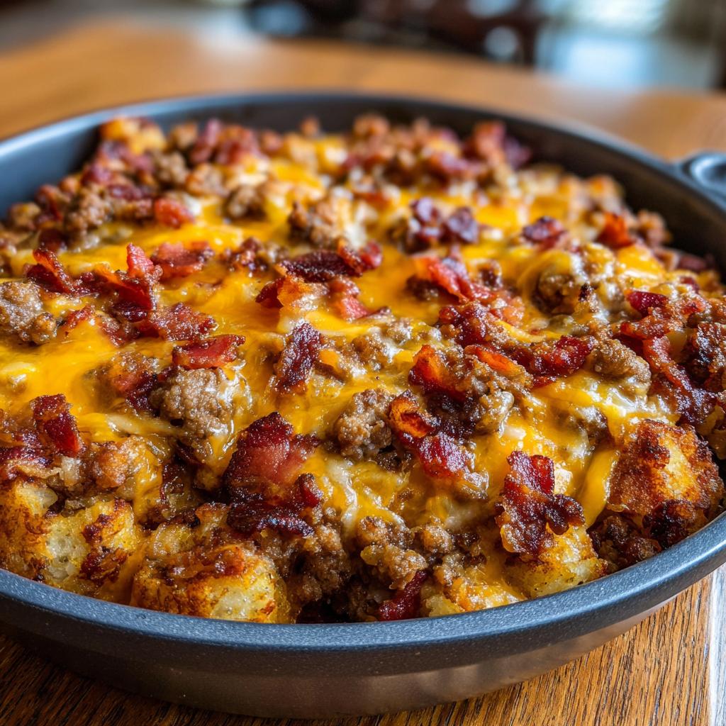 A close-up of a bubbling Low-Carb Bacon Cheeseburger Casserole topped with melted cheese and crispy bacon.