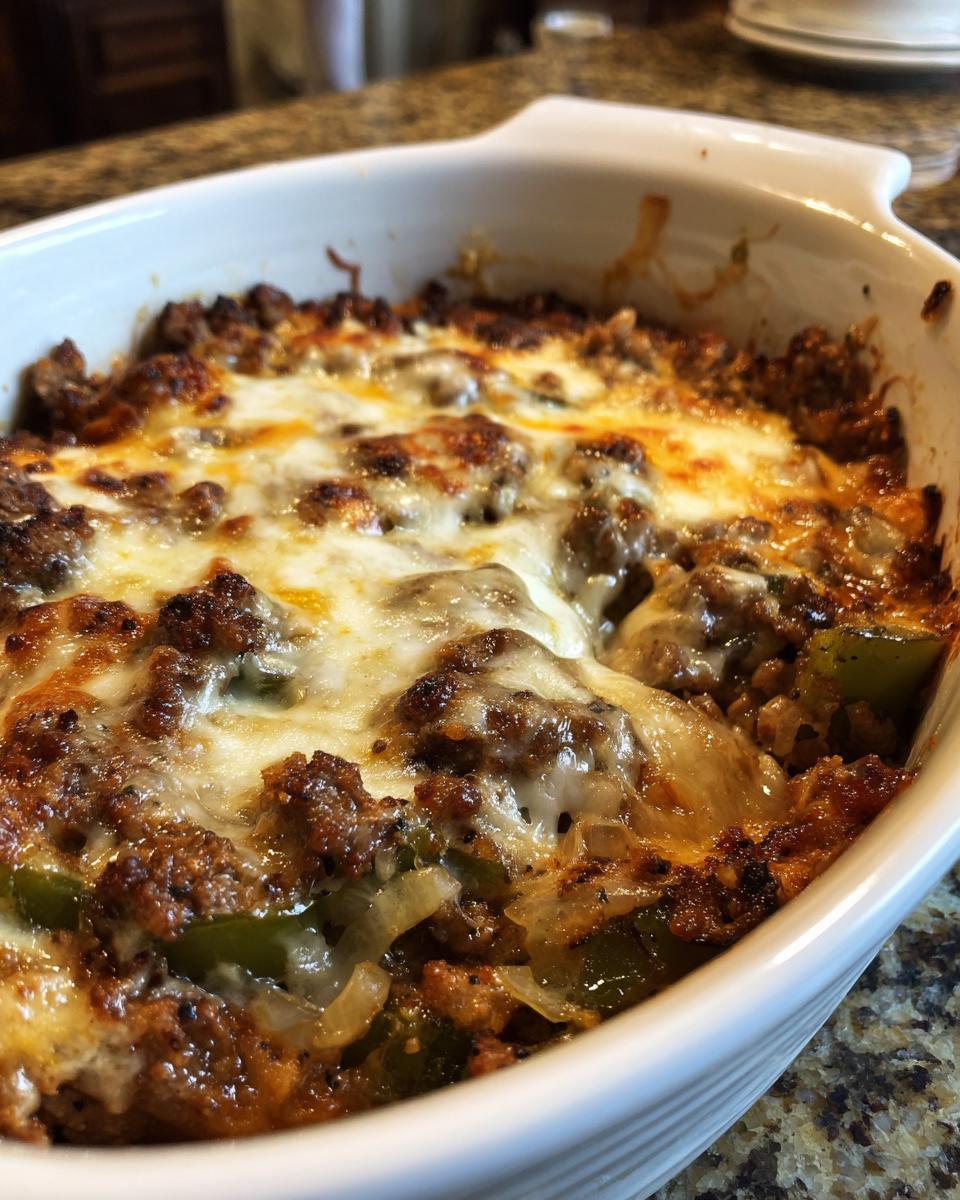 A close-up of a freshly baked Low Carb Philly Cheesesteak Casserole in a white baking dish, topped with melted cheese.