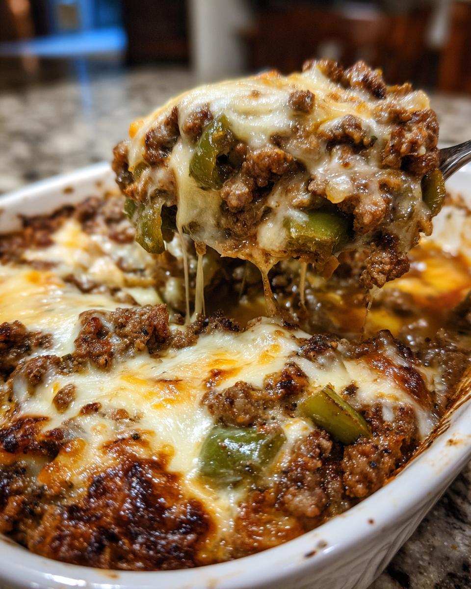 A fork lifting a cheesy portion of Low Carb Philly Cheesesteak Casserole, showing melted cheese, ground beef, and green peppers.