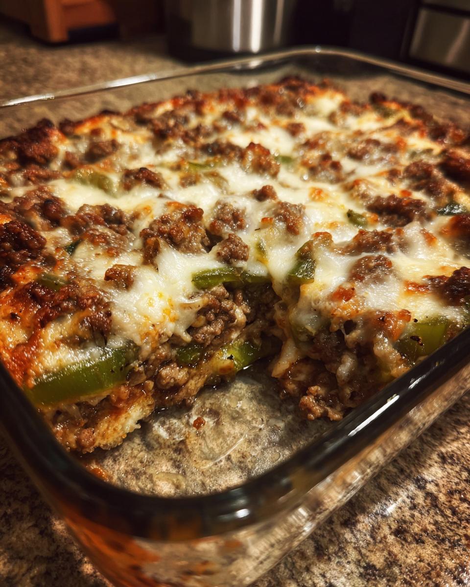 A close-up of a Low Carb Philly Cheesesteak Casserole in a glass baking dish, showing melted cheese, ground beef, and green peppers.