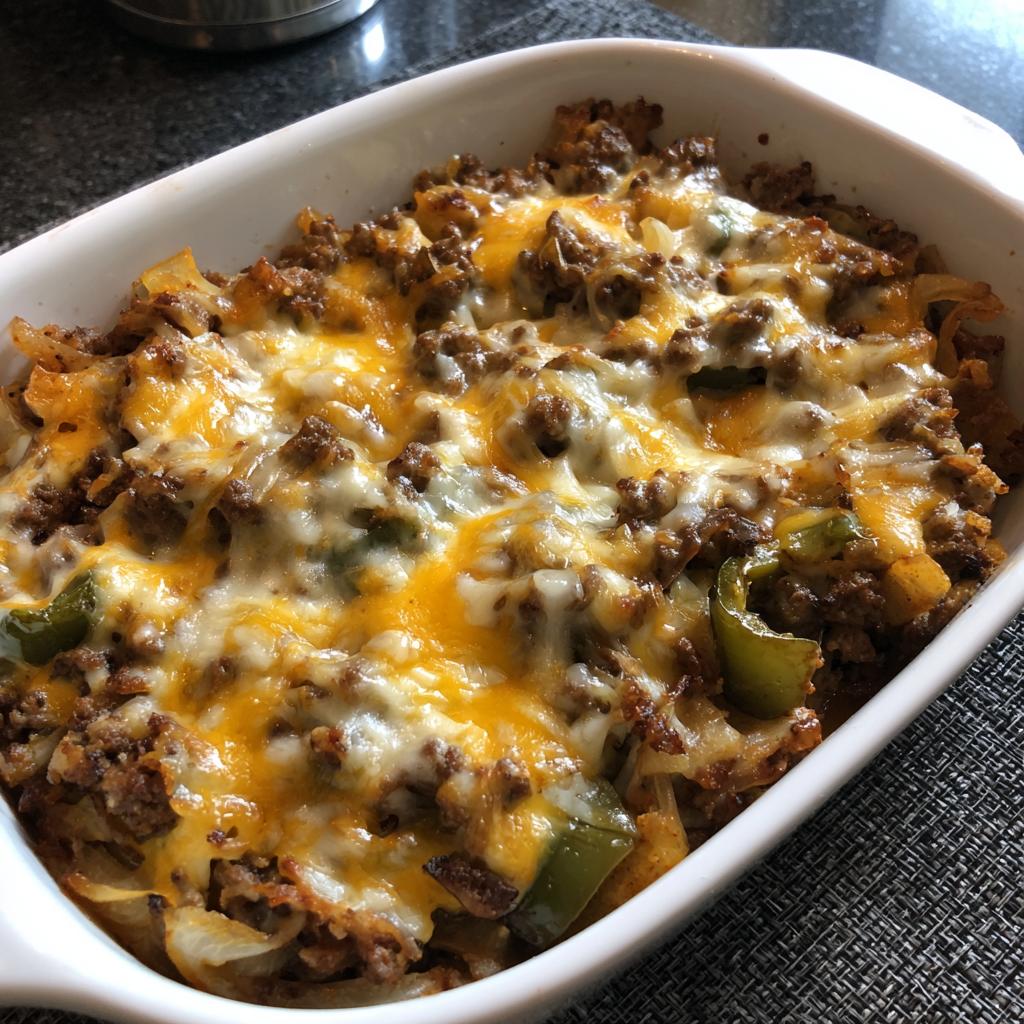 A close-up of a bubbling Low Carb Philly Cheesesteak Casserole topped with melted cheddar and mozzarella cheese.