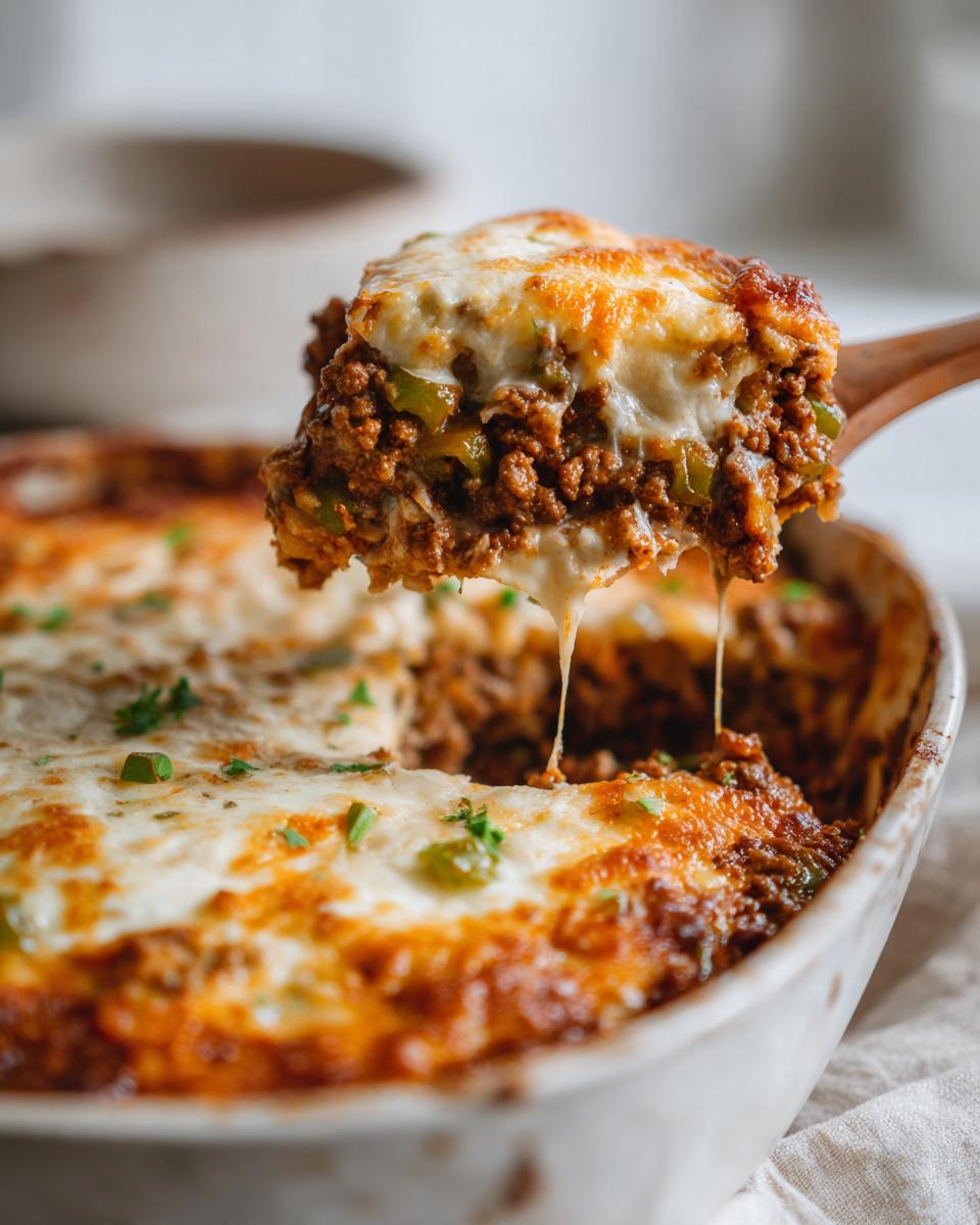 A scoop of cheesy Low Carb Philly Cheesesteak Casserole being lifted from a baking dish, showing melted cheese strings.