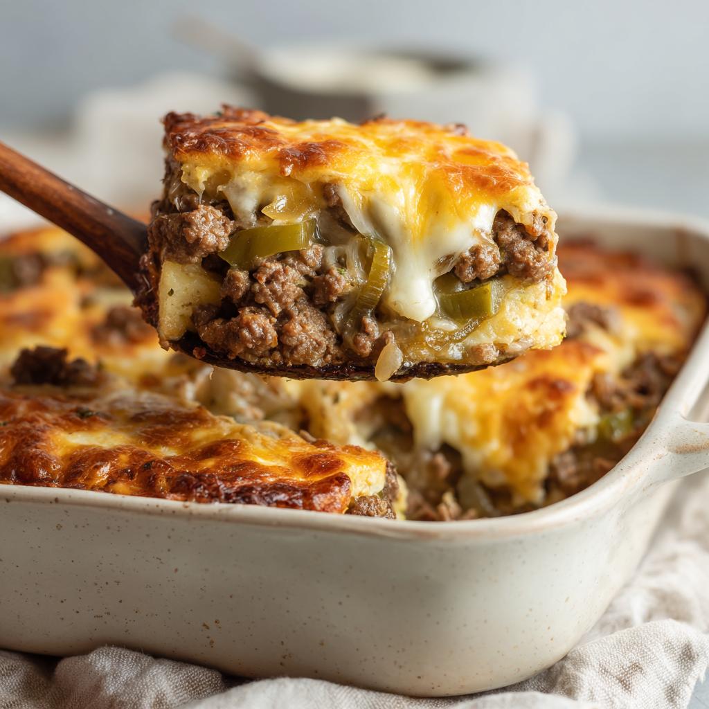 A serving of Low Carb Philly Cheesesteak Casserole being lifted from a baking dish, showing layers of ground beef, peppers, and melted cheese.
