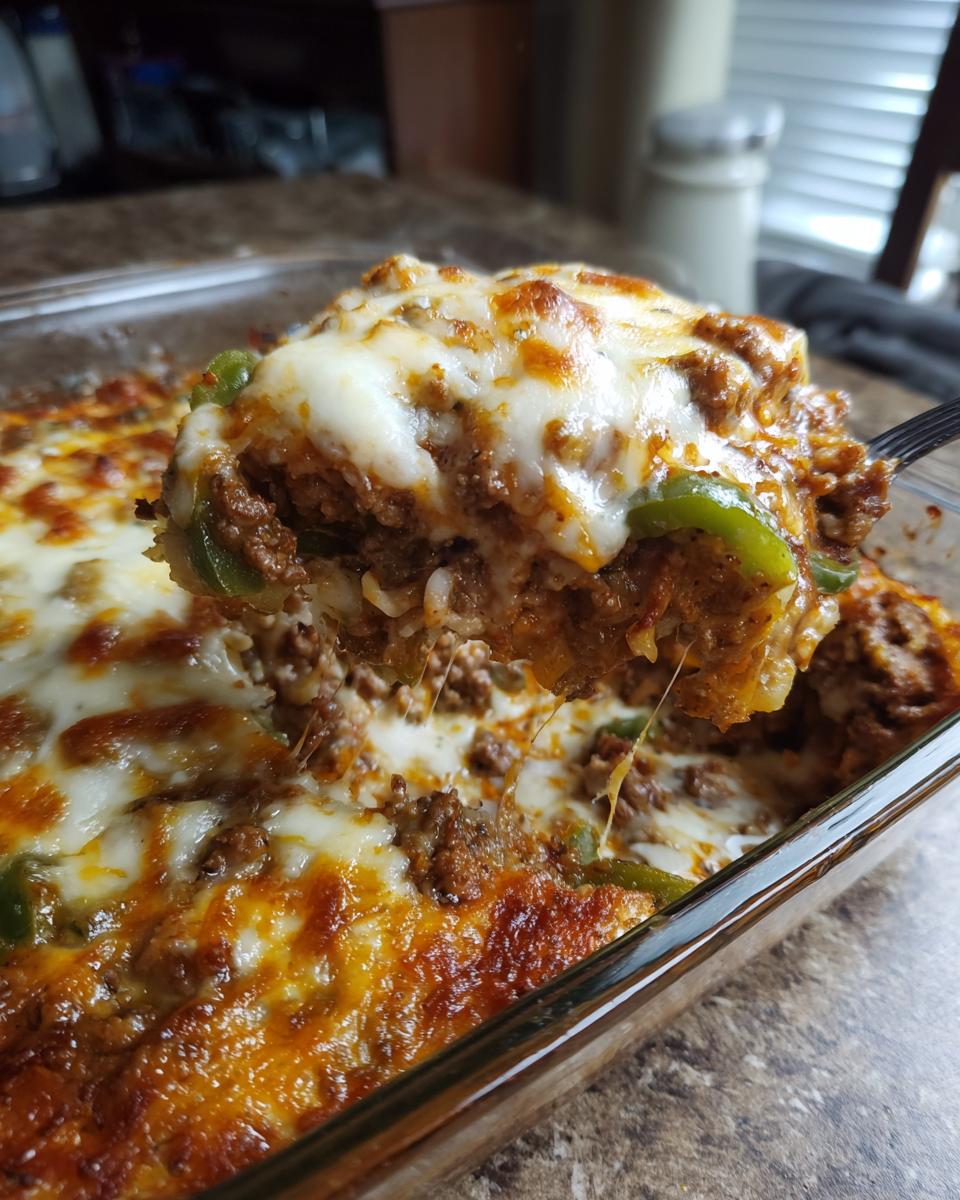 A fork lifting a cheesy slice of Low Carb Philly Cheesesteak Casserole, showing ground beef, green peppers, and melted cheese.