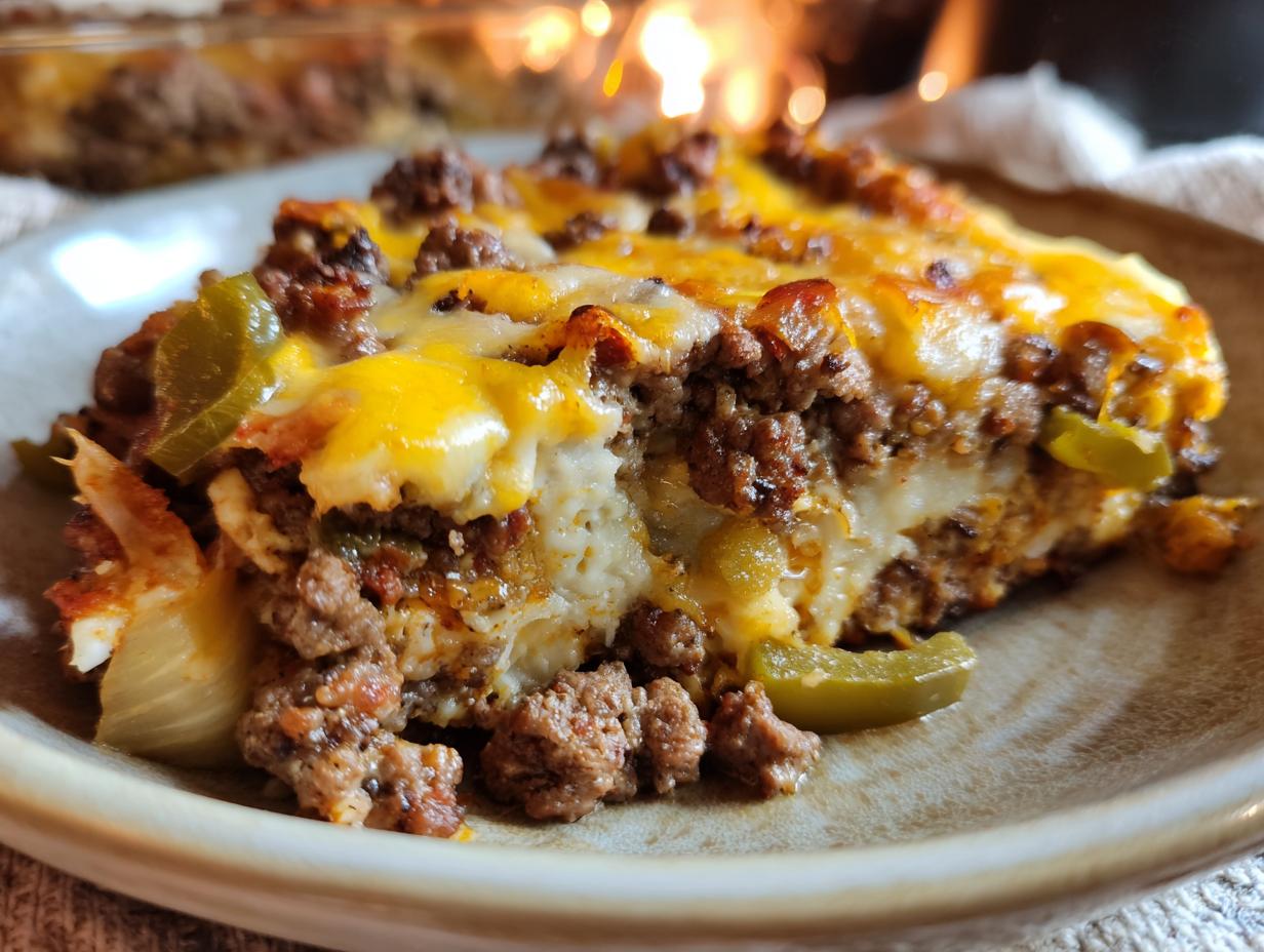 A hearty slice of Low Carb Philly Cheesesteak Casserole, featuring ground beef, melted cheese, and green peppers.