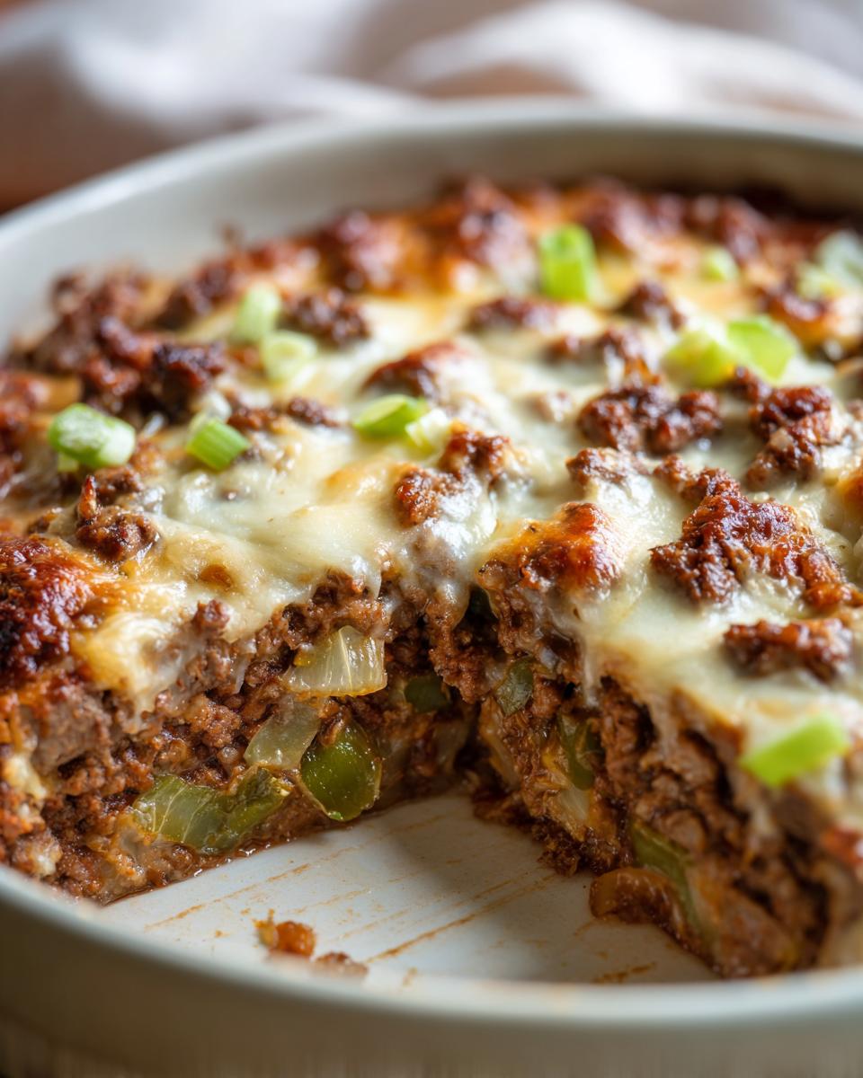 A slice of Low Carb Philly Cheesesteak Casserole with melted cheese and green onions.