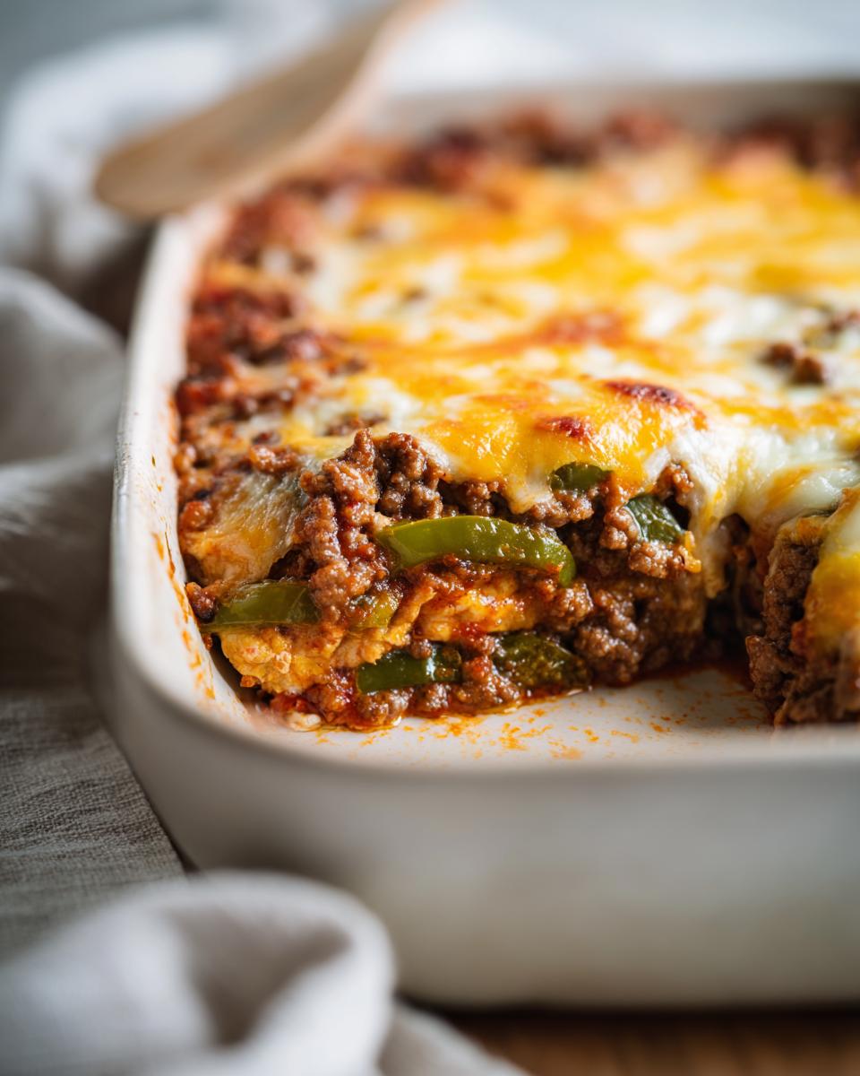A close-up shot of a slice of Low Carb Philly Cheesesteak Casserole, showing layers of ground beef, green peppers, and melted cheese.