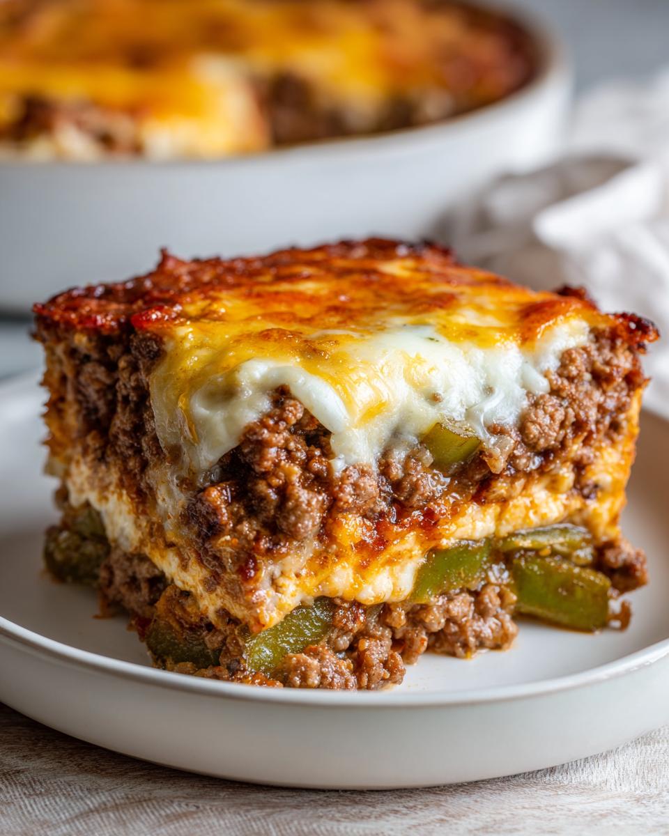 A delicious slice of Low Carb Philly Cheesesteak Casserole with layers of ground beef, green peppers, and melted cheese.