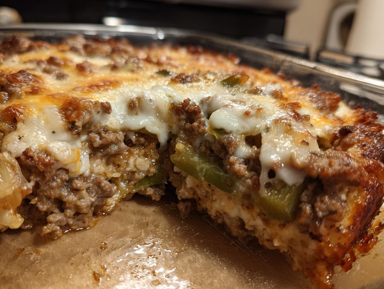 A delicious slice of Low Carb Philly Cheesesteak Casserole with ground beef, melted cheese, and green peppers.