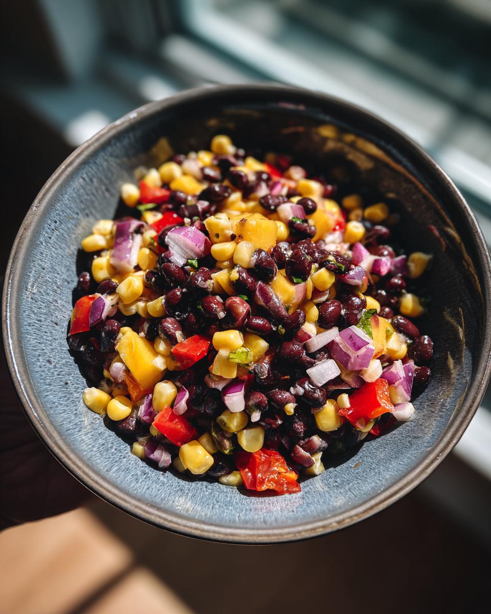A bowl of vibrant Mango Black Bean Picnic Salad with corn, black beans, red onion, and bell peppers.