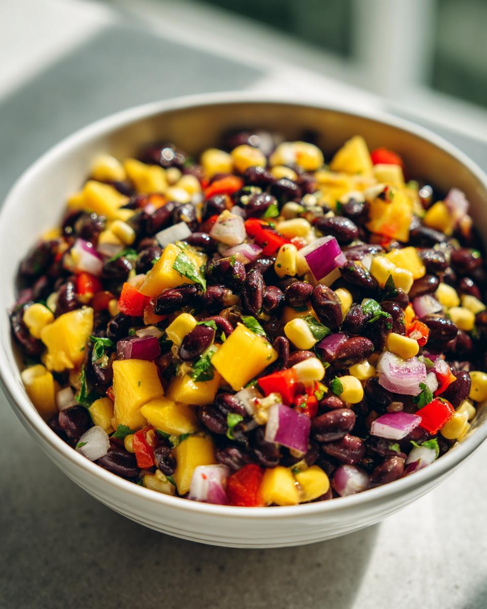 Close-up of a vibrant Mango Black Bean Picnic Salad in a white bowl, featuring black beans, corn, mango, red onion, and red bell pepper.